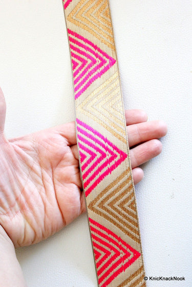 Fuchsia Pink And Gold Temple Border Embroidery Lace Trim, Approx. 42mm Wide